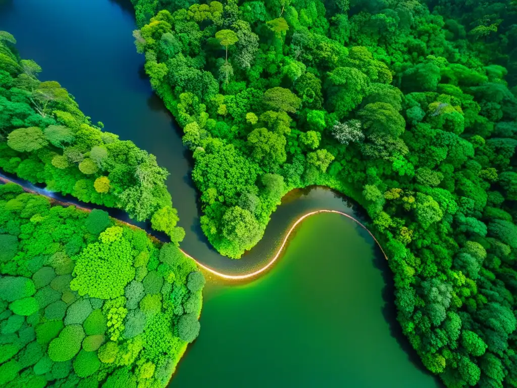 Vista aérea de exuberante selva tropical con río serpenteando