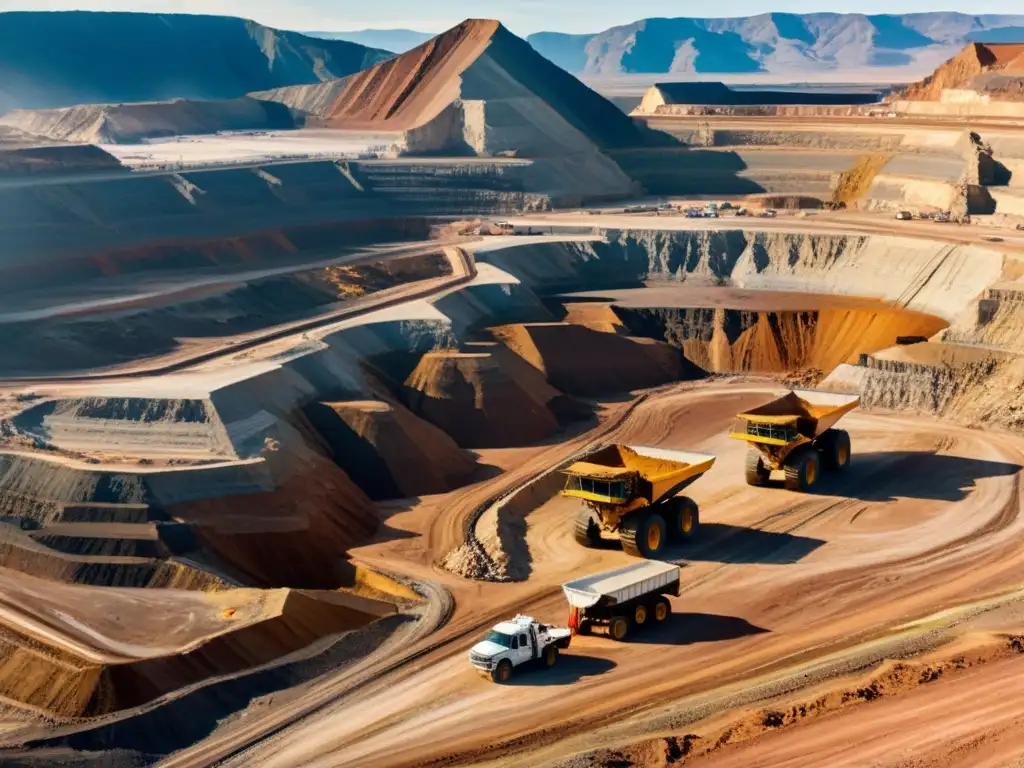 Vista aérea de una gran mina a cielo abierto rodeada de montañas, con maquinaria masiva y camiones, revelando capas de minerales en colores llamativos