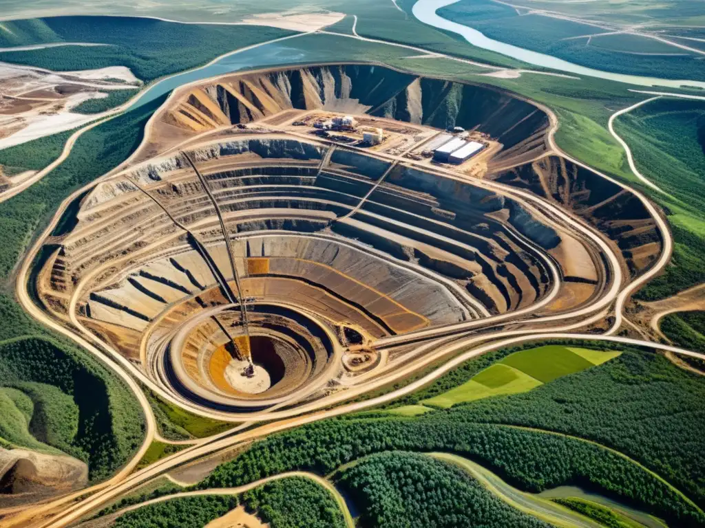 Vista aérea de una gran mina a cielo abierto, destacando la escala masiva de las operaciones mineras con maquinaria pesada, infraestructura industrial y el contraste entre el paisaje natural y la tecnología en la minería joyería