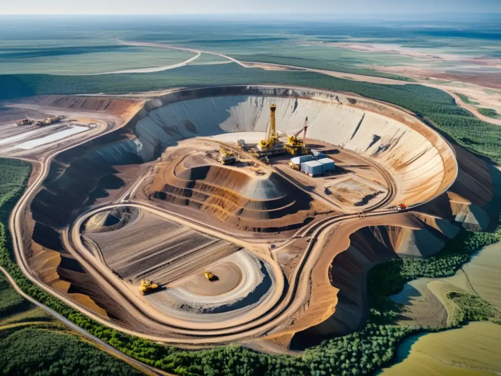 Vista aérea de gran mina a cielo abierto, con maquinaria pesada y trabajadores, mostrando el impacto del mercado de minerales en la economía global