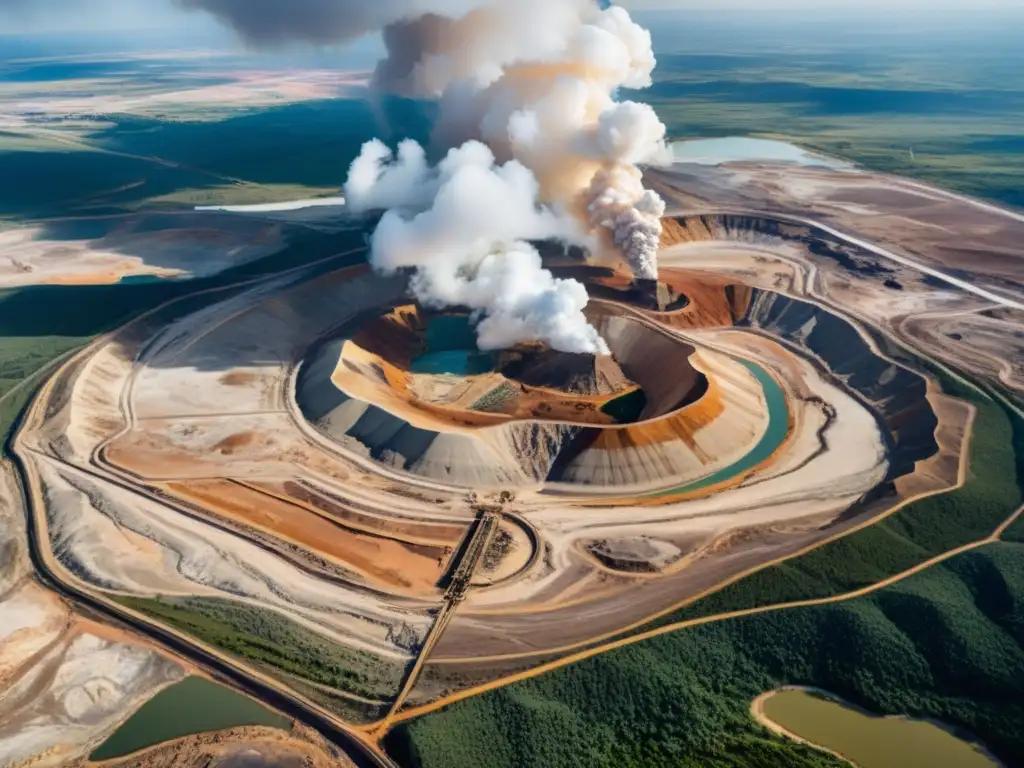 Vista aérea de gran minería a cielo abierto, muestra el impacto ambiental y la escala masiva de extracción de minerales para la fabricación de joyas