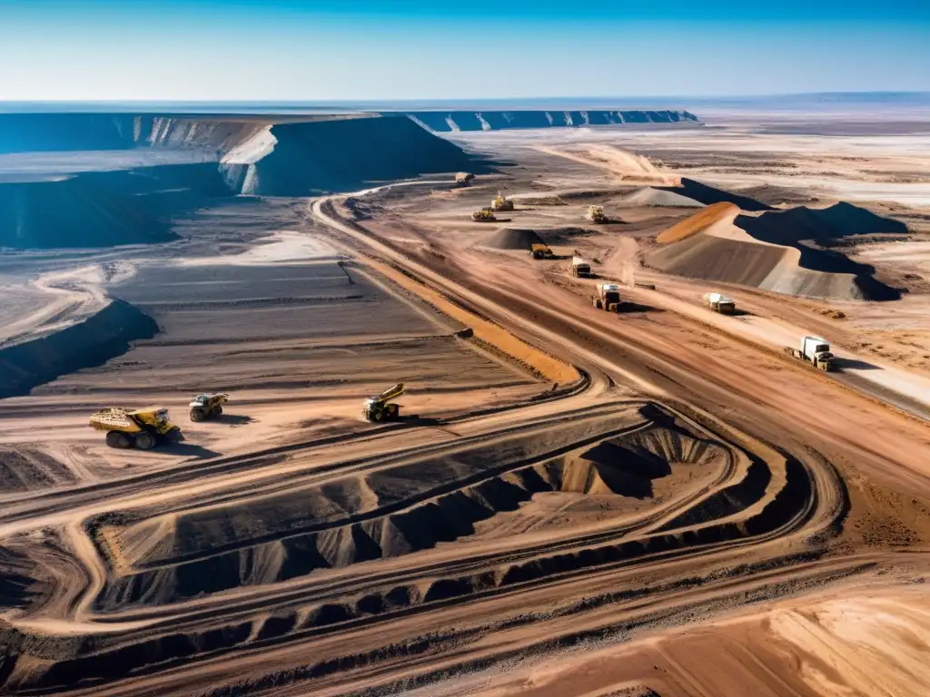 Vista aérea de impactante área minera con maquinaria pesada y vehículos, evidenciando técnicas para prevenir impacto de la minería en el suelo