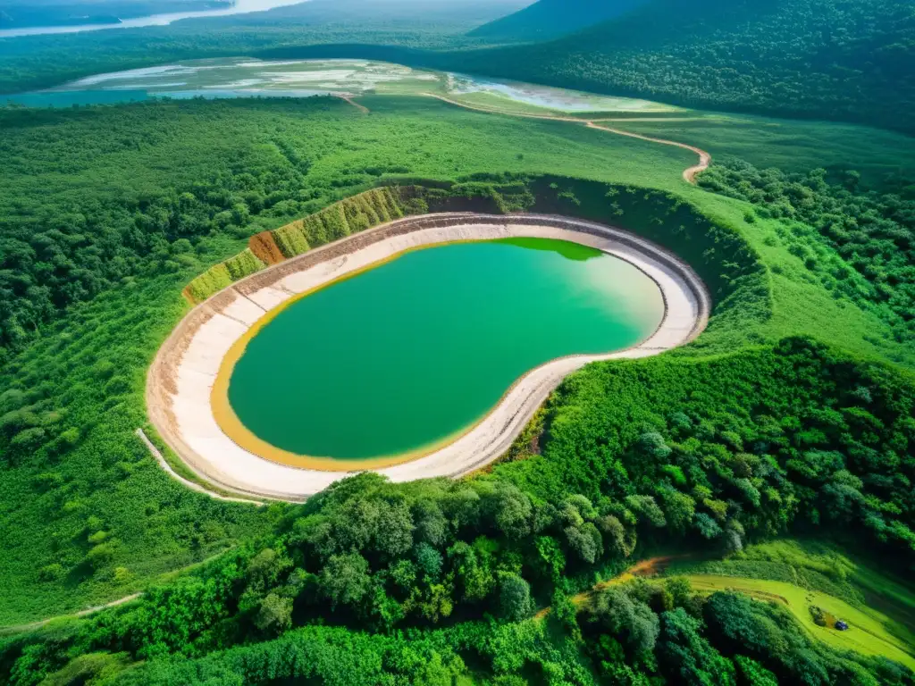 Vista aérea impactante de una mina de gemas en medio de exuberante vegetación, mostrando el contraste entre lo natural y lo industrial