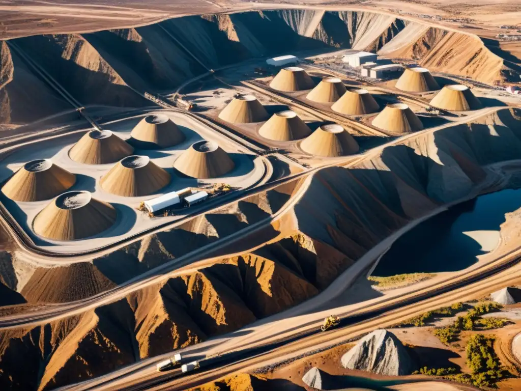 Vista aérea impactante de mina de diamantes, con maquinaria y trabajadores en paisaje árido