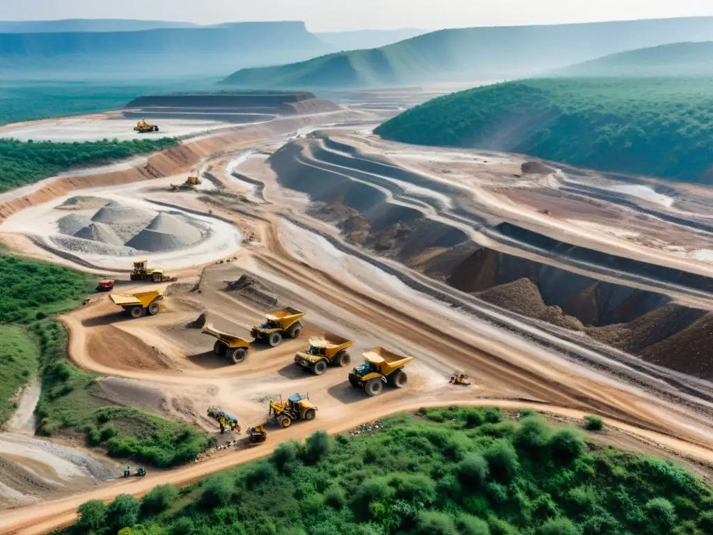 Vista aérea impactante de mina de gemas en zona de conflicto, revelando impacto ambiental de la minería