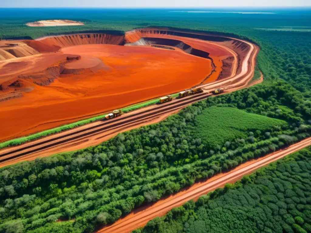 Vista aérea impactante de la exploración minas bauxita aluminio, con enormes terrazas de tierra rojiza y maquinaria minera masiva