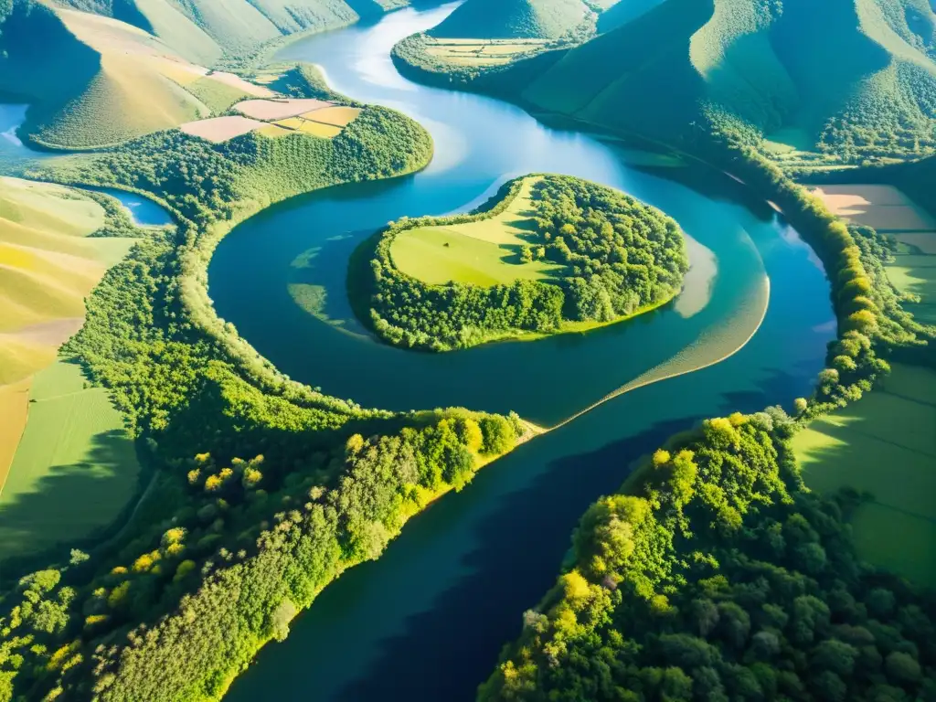 Vista aérea impactante: río serpenteante, valle verde, luz dorada reflejada