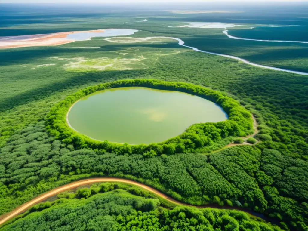 Vista aérea impactante de un sitio minero rehabilitado con éxito, mostrando un paisaje exuberante y prácticas sostenibles