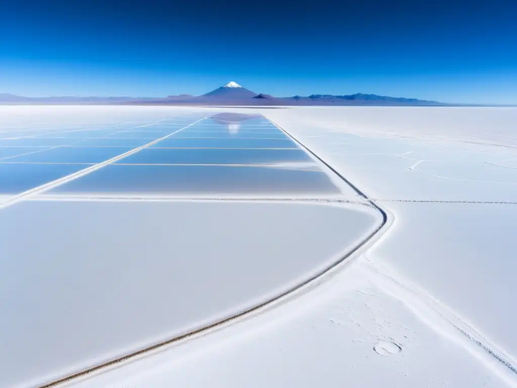 Vista aérea de los impactantes patrones geométricos de las Salinas de Uyuni en Bolivia, con maquinaria de extracción de litio