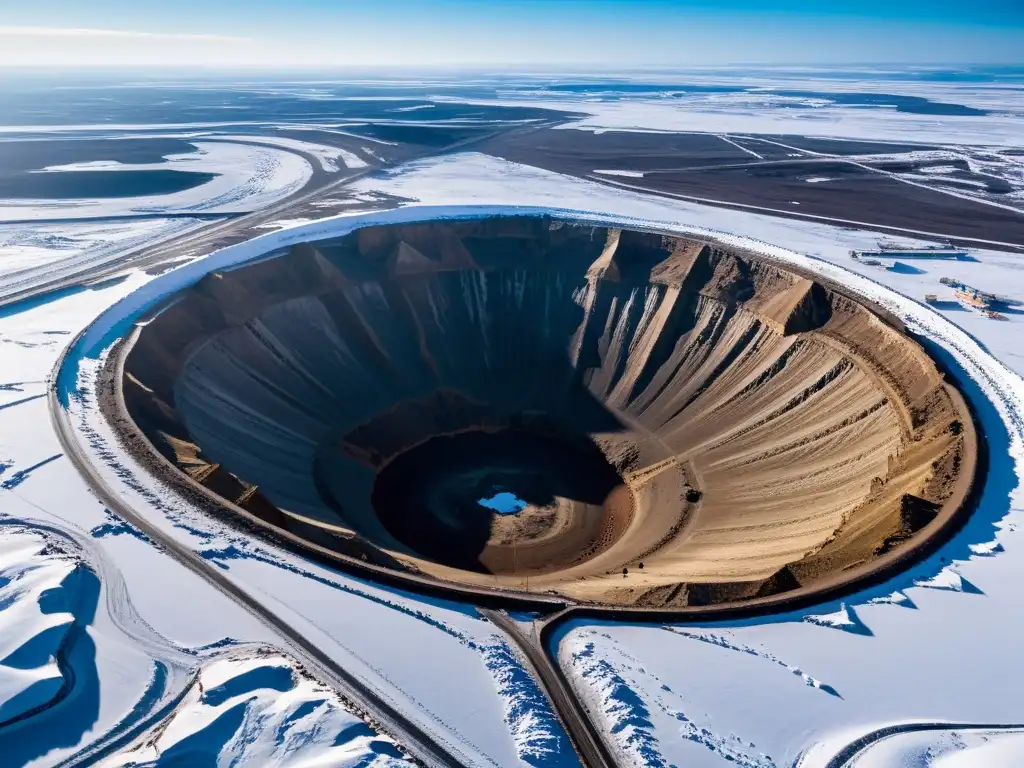 Vista aérea impresionante de la Mina de diamantes Siberiana Mirny rodeada de tundra congelada y máquinas diminutas en un inmenso cráter