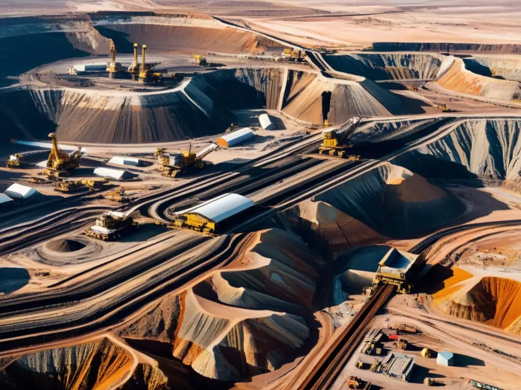 Vista aérea impresionante de una mina a cielo abierto, ilustrando la complejidad y la necesidad de leyes antimonopolio en la industria minera