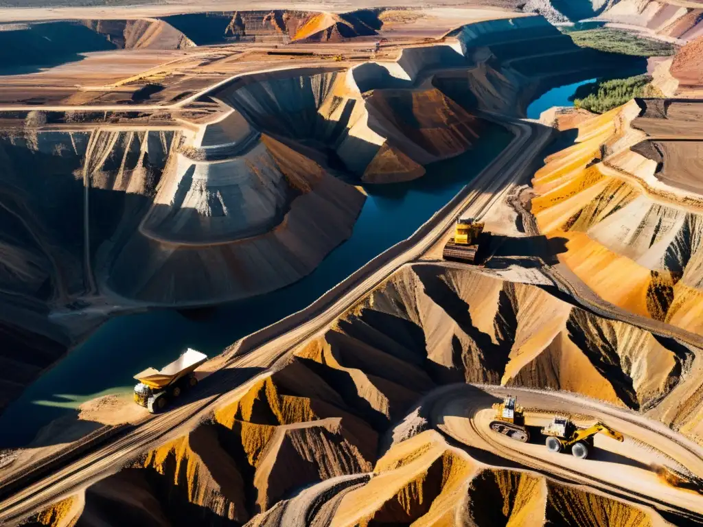 Vista aérea impresionante de una mina a cielo abierto, resaltando la red de maquinaria e infraestructura en terreno árido