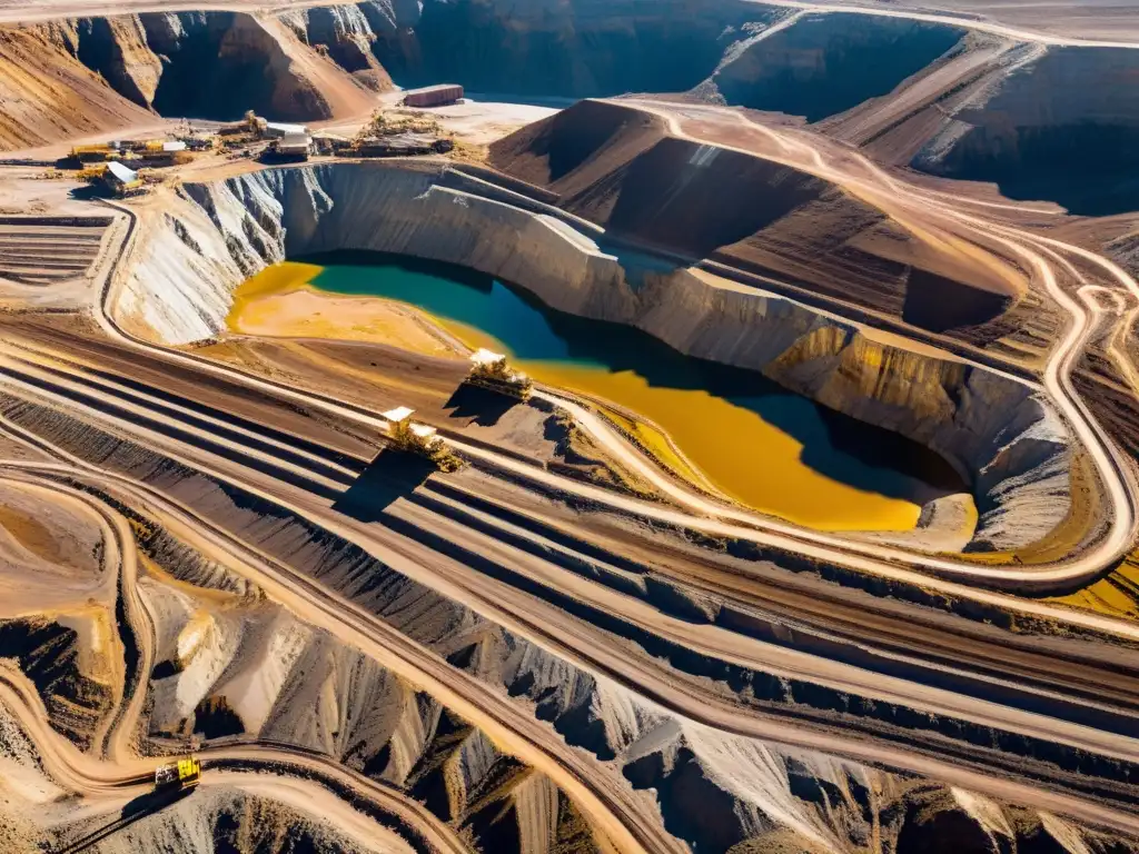 Vista aérea impresionante de una mina de oro a cielo abierto, con maquinaria pesada y trabajadores laborando