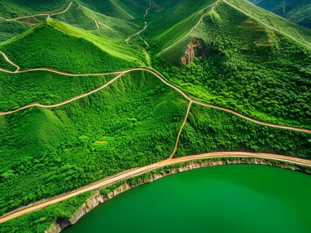 Vista aérea impresionante de las minas esmeraldas en Chivor, Colombia, con paisaje verde exuberante y red de túneles mineros, mostrando la belleza y actividad de las minas esmeraldas Chivor Colombia