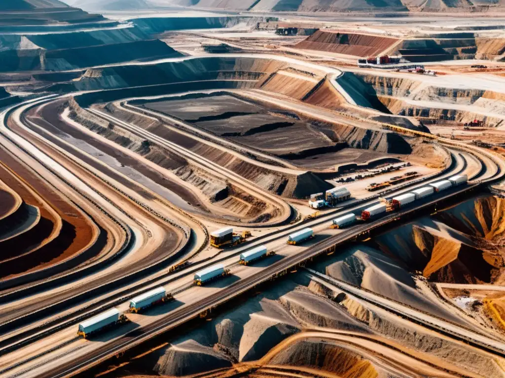 Vista aérea de la impresionante minería de tierras raras en China, con maquinaria industrial y camiones en una operación a gran escala