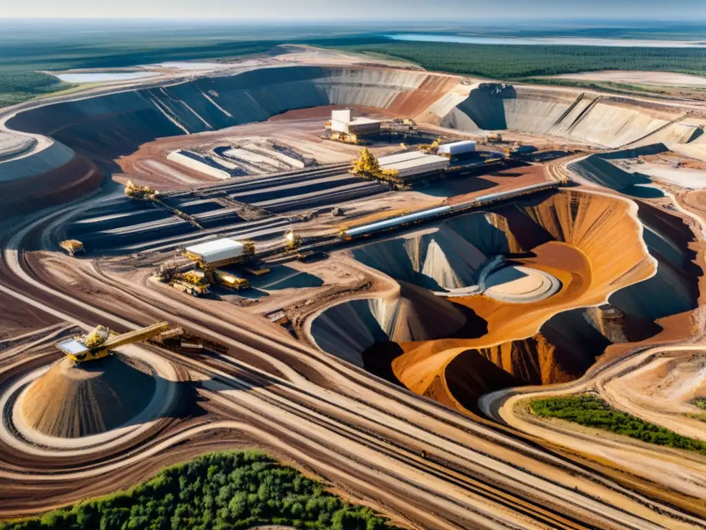 Vista aérea impresionante de una moderna operación minera a cielo abierto, resaltando la tecnología en la minería joyería y su impacto transformador