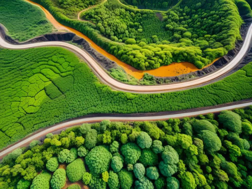 Vista aérea impresionante de un sitio minero rehabilitado, con exuberante vegetación y restos de infraestructura minera