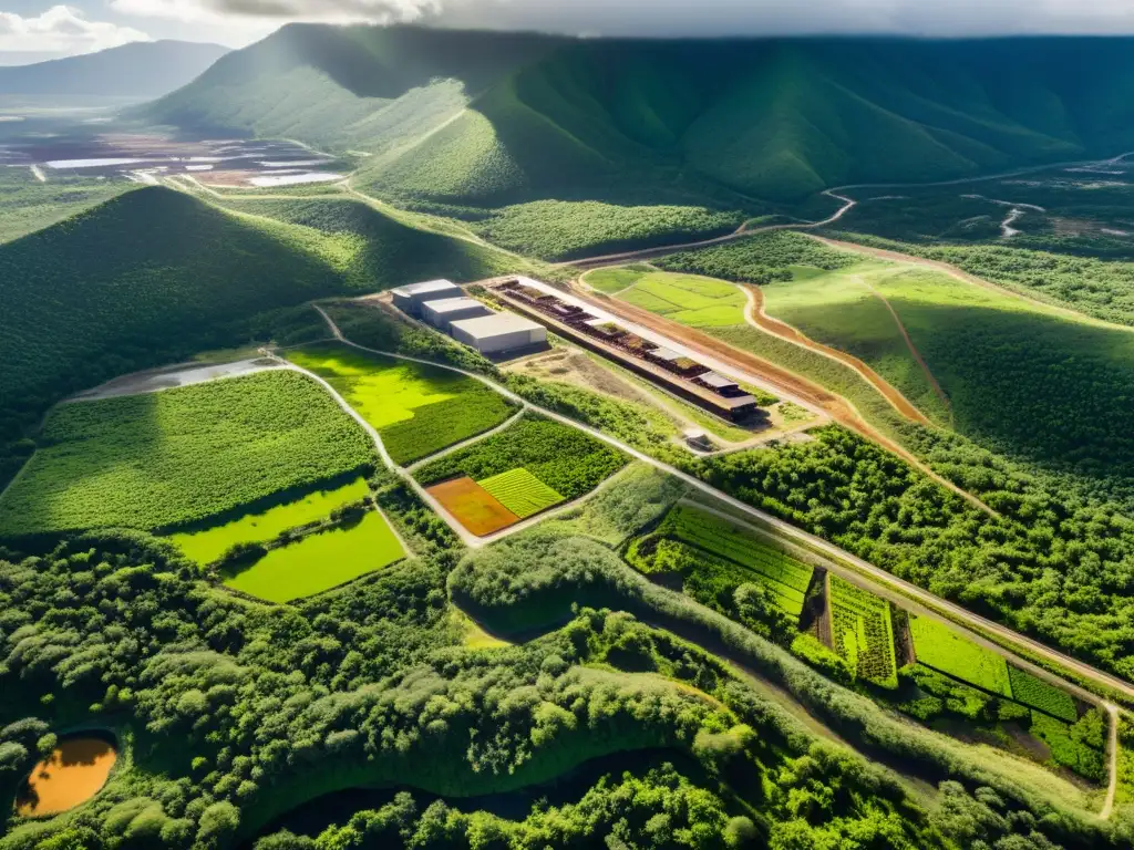 Vista aérea impresionante de un sitio minero rehabilitado con exuberante vegetación, inspirando geoturismo en sitios mineros rehabilitados