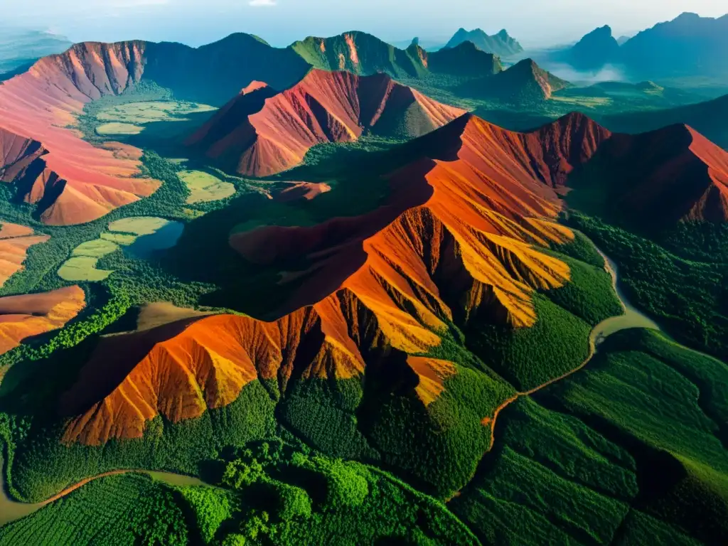 Vista aérea impresionante del yacimiento de hierro Simandou en Guinea, revelando la belleza natural y rica del terreno