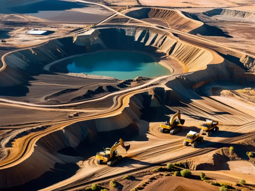 Vista aérea de minería en operación, con maquinaria pesada moviéndose en terreno accidentado