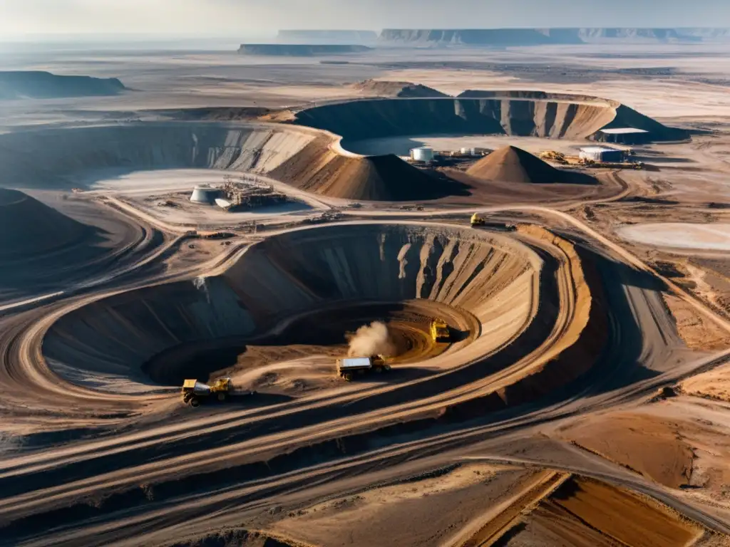 Vista aérea de una mina a cielo abierto con impacto ambiental global minería, maquinaria y paisaje desolador