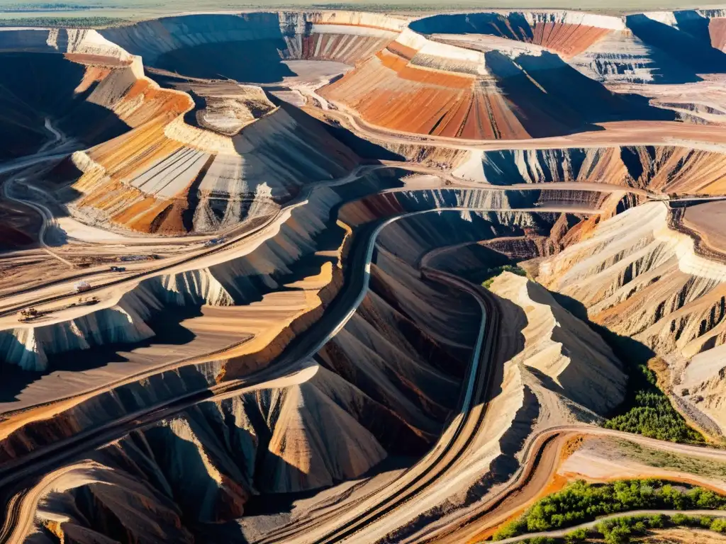 Vista aérea de una mina a cielo abierto con maquinaria pesada en acción, resaltando el impacto histórico de la minería en el paisaje