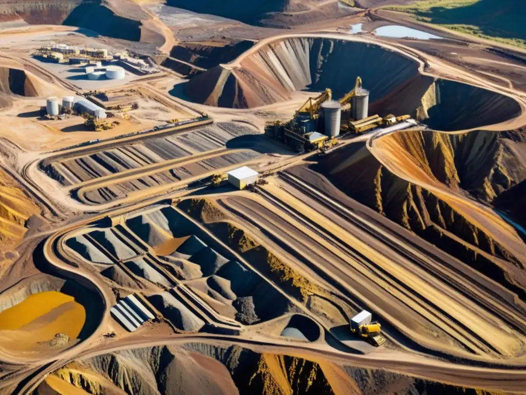 Vista aérea de mina a cielo abierto de oro y platino, muestra maquinaria pesada y su impacto ambiental