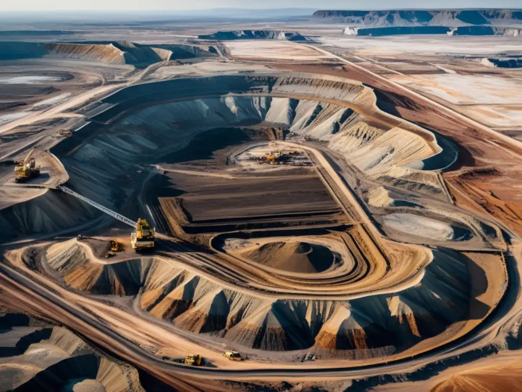 Vista aérea de una mina a cielo abierto con maquinaria pesada y terreno desolado, destacando la necesidad de remediación ambiental en minería