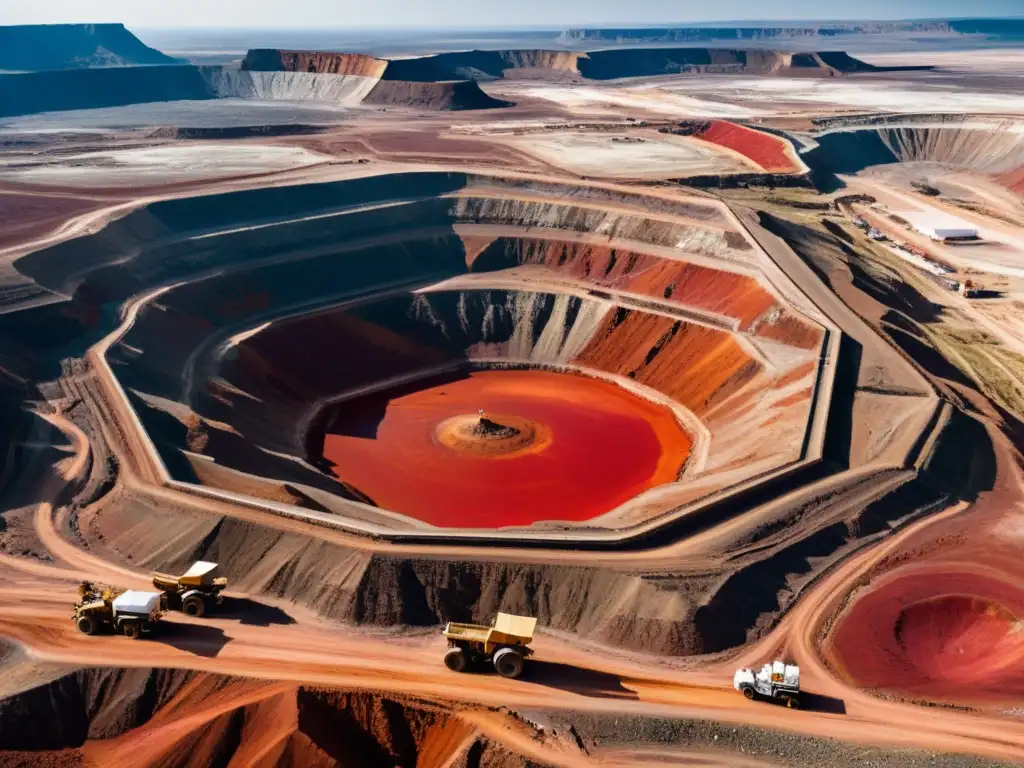 Vista aérea de una mina de diamantes a cielo abierto, maquinaria pesada y camiones en un paisaje inmenso