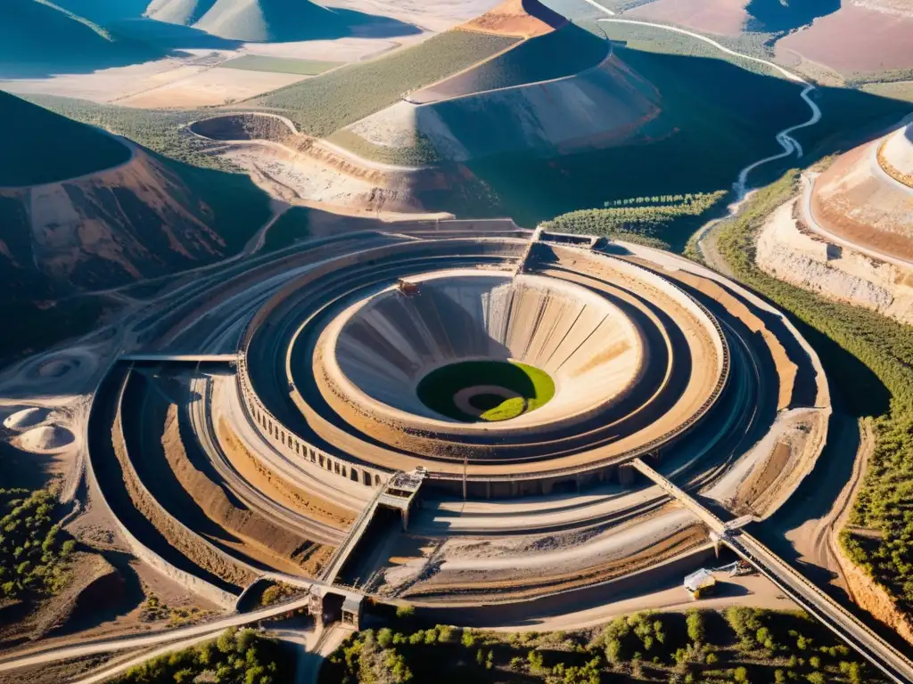 Vista aérea de una mina de gemas con túneles, maquinaria y actividad humana, aplicando inteligencia artificial en la minería de gemas