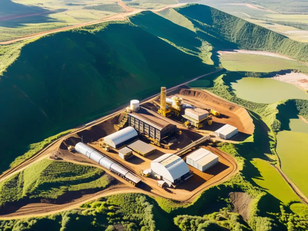 Vista aérea de una mina moderna en un paisaje exuberante, mostrando la armonía entre la actividad industrial y el entorno natural