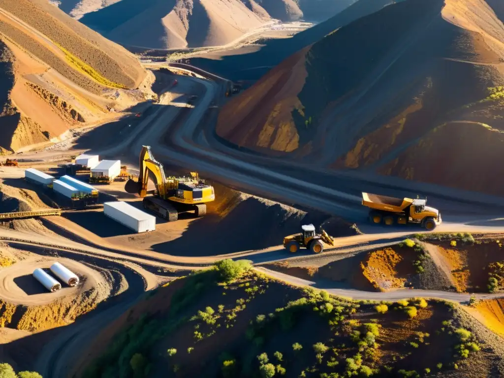 Vista aérea de mina en montañas, maquinaria pesada y trabajadores en alta visibilidad