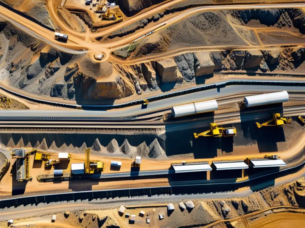 Vista aérea de operación minera a gran escala, destacando la complejidad y necesidad de transparencia blockchain en la minería