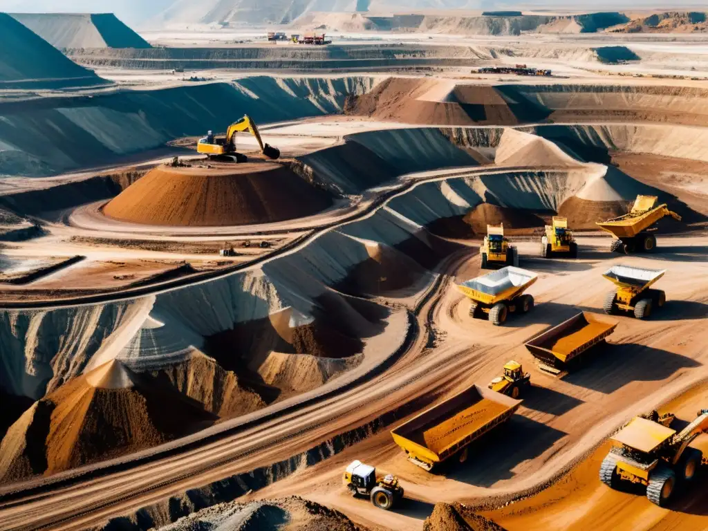 Vista aérea de la minería de tierras raras en China, con maquinaria pesada y camiones en un inmenso yacimiento a cielo abierto