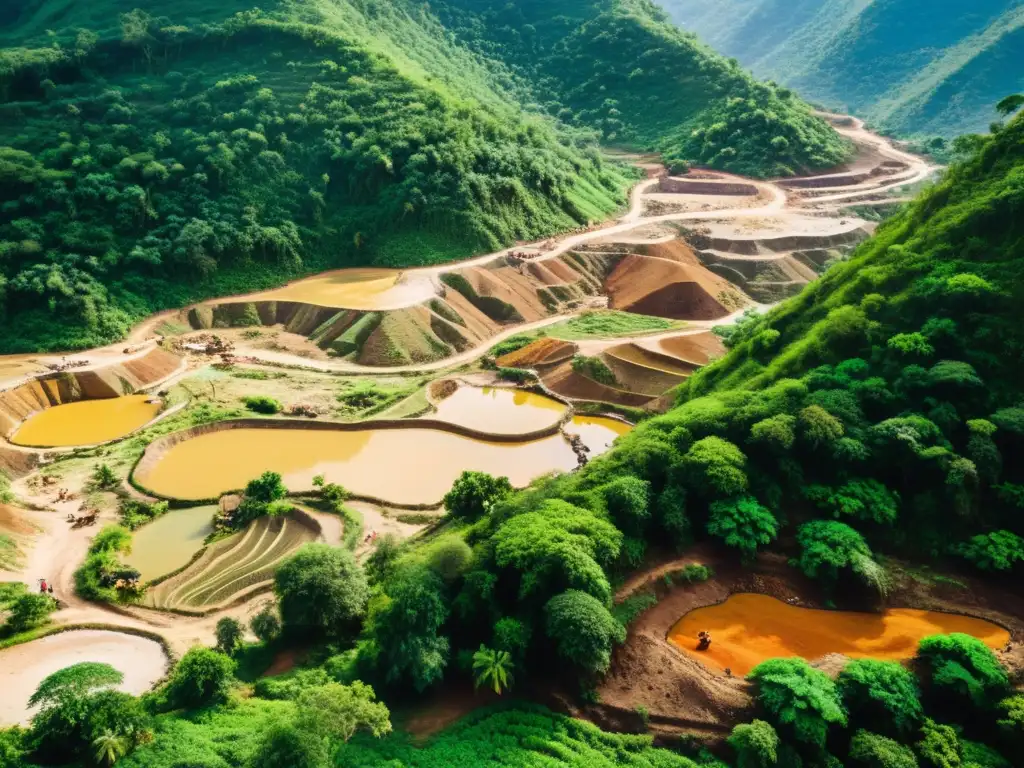 Vista aérea de mineros artesanales AJP trabajando en un paisaje montañoso exuberante, con herramientas tradicionales y minas a mano