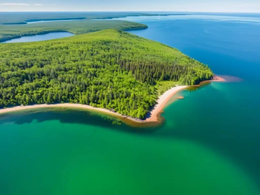 Vista aérea del misterioso Lago Superior y antiguos sitios de extracción prehistórica de cobre en Michigan, evocando maravilla y curiosidad