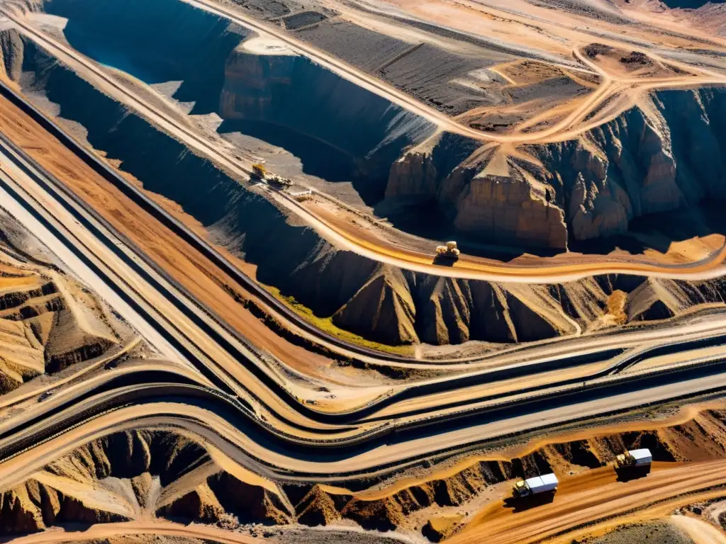 Una vista aérea de una moderna operación minera muestra la impactante tecnología en la minería joyería, con maquinaria y camiones diminutos ante la inmensidad de la mina abierta