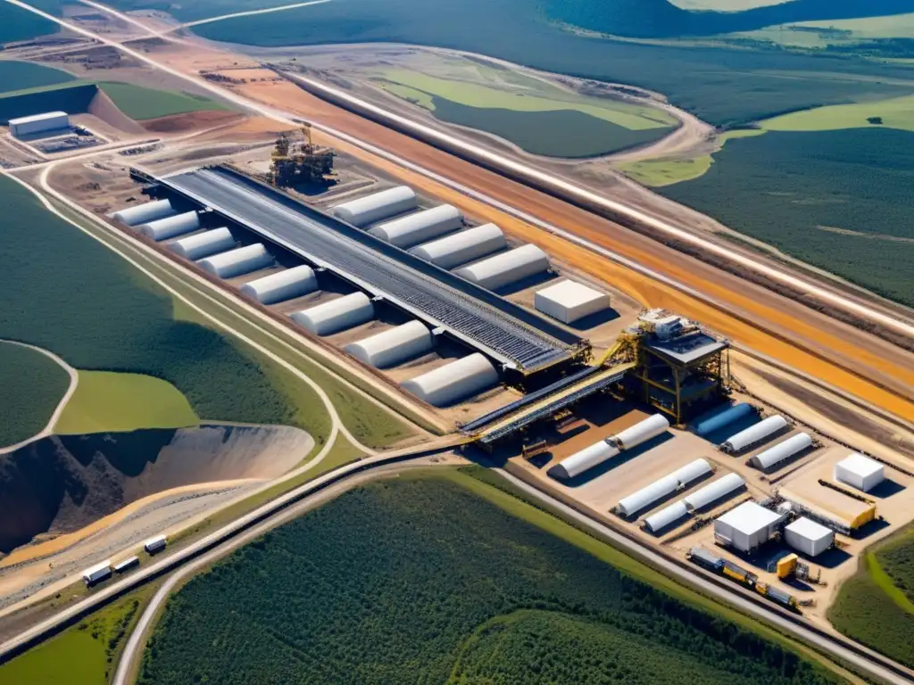 Vista aérea de una moderna instalación minera, destacando la tecnología en la valoración de minerales y su integración con el entorno natural