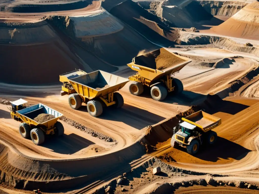 Vista aérea de una operación minera con maquinaria pesada y trabajadores extrayendo minerales