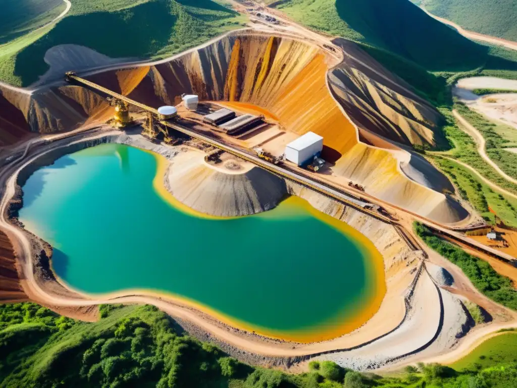 Vista aérea de minería ética y responsable en gemología, destacando armonía con la naturaleza y tecnología moderna