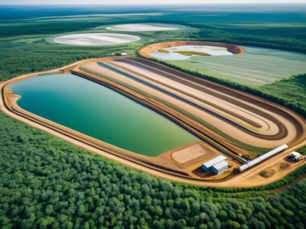 Vista aérea de sitio ecoamigable de extracción mineral con técnicas de lixiviación innovadoras en un paisaje biodiverso y exuberante