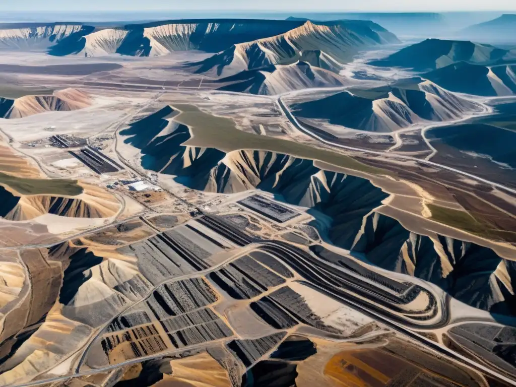 Vista aérea de vasto paisaje minero, reflejando conflictos territoriales y explotación de recursos minerales en contraste con la belleza natural