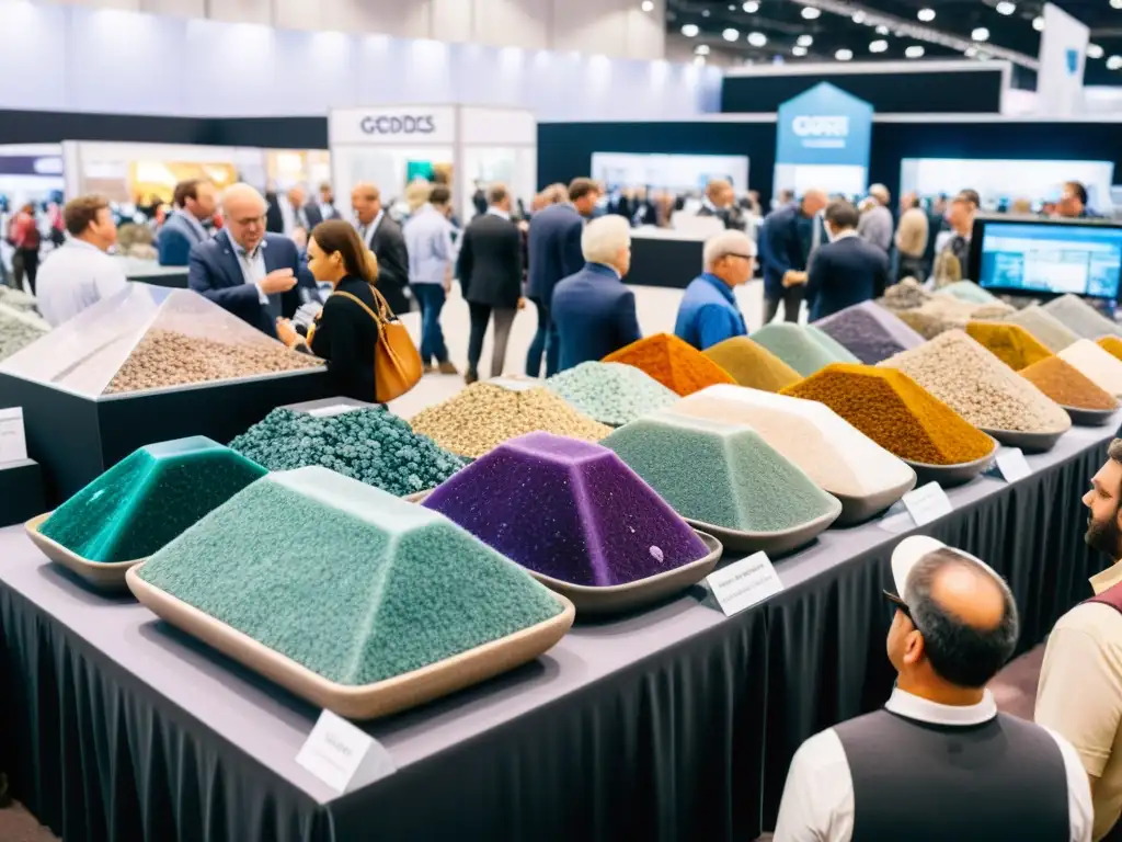 Vista detallada de una concurrida feria internacional de minerales, con exhibidores y visitantes inmersos en transacciones y discusiones