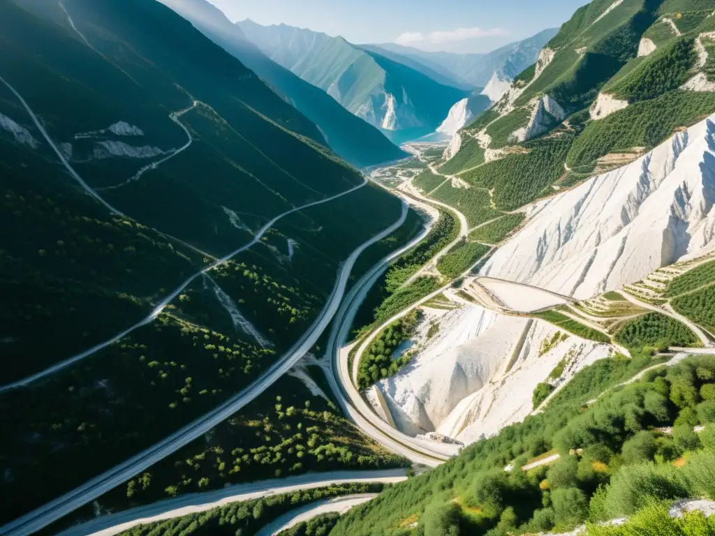 Vista detallada de las majestuosas canteras de mármol de Carrara en Italia, con trabajadores y maquinaria, una impresionante historia industrial