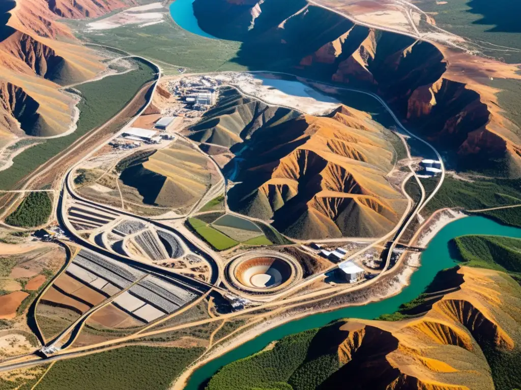 Vista detallada de la mina de diamantes Kimberley en Sudáfrica, con maquinaria pesada, trabajadores y paisaje