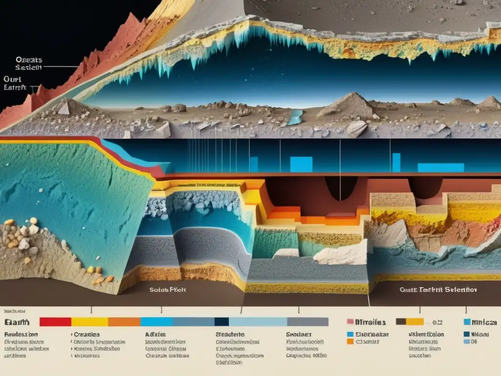 Vista detallada de minerales silicatos en la corteza terrestre, con colores vibrantes y formaciones geológicas naturales