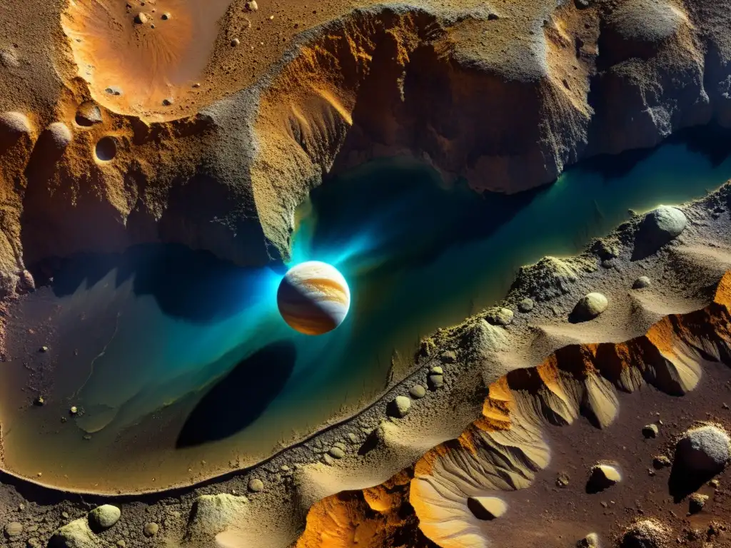 Vista detallada de la superficie rocosa y atmósfera turbia de Venus, mostrando minerales en ambiente extremo