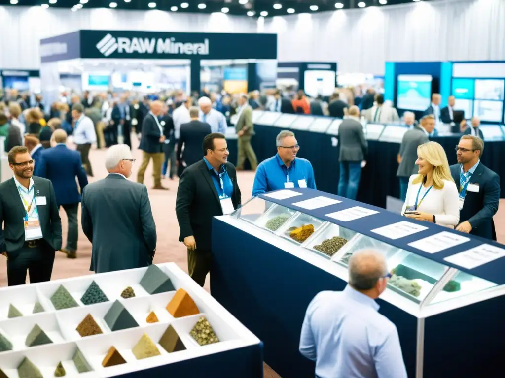 Vista dinámica de feria mineral con exhibidores y asistentes expandiendo negocio en vibrante ambiente educativo