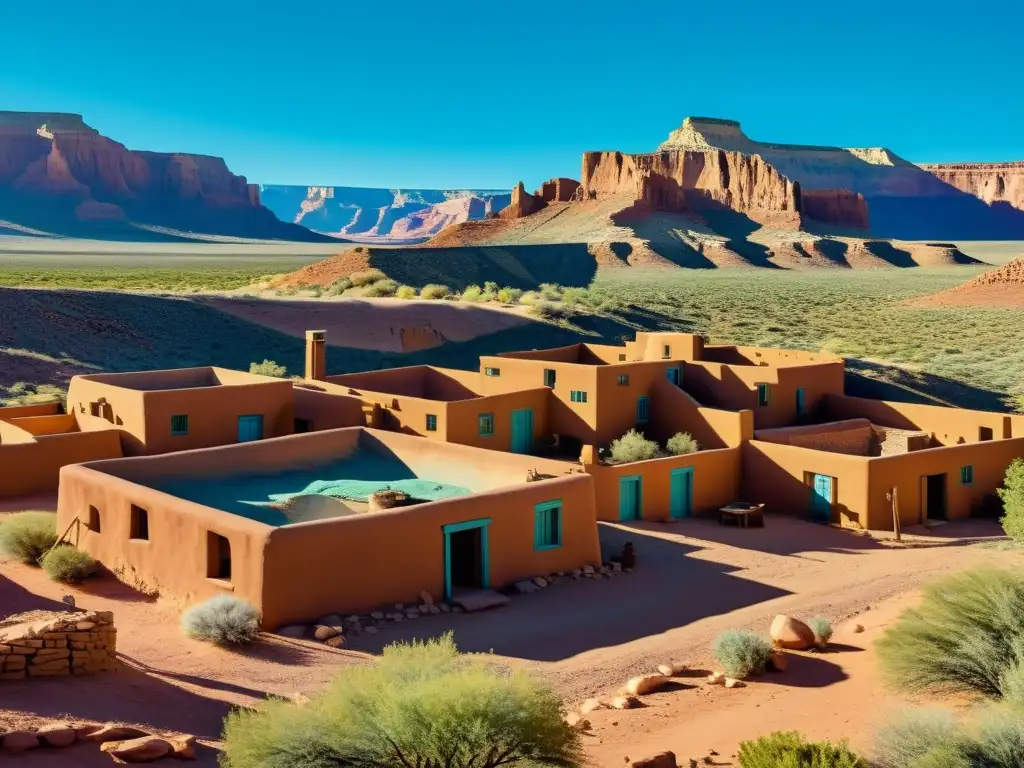 Vista documental de un pueblo nativo americano y la minería de turquesas en el Suroeste, con edificios de adobe y paisaje desértico