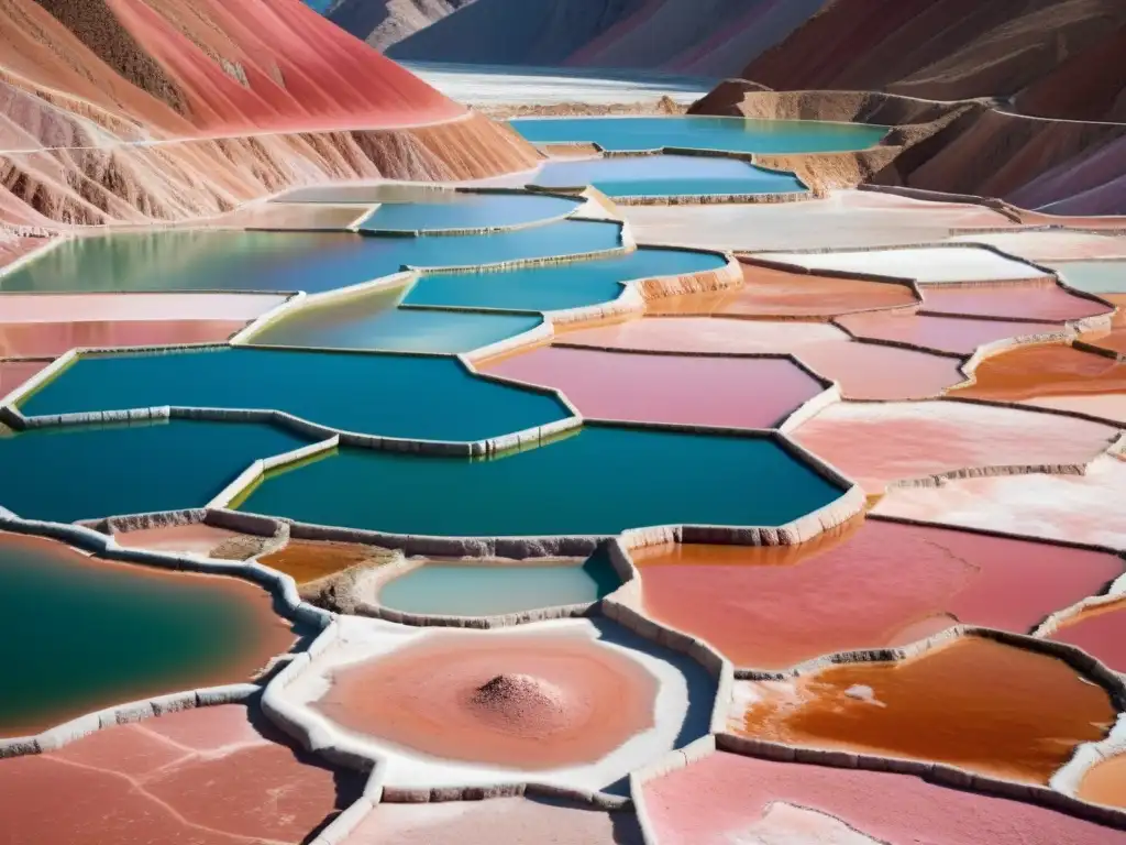 Vista documental de las vibrantes minas de sal de Maras, Perú, en los Andes, con sus tonos rosados y paisaje impresionante